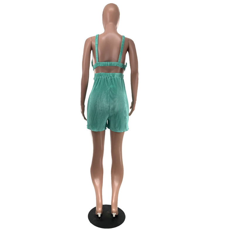 Clothing Summer Sleeveless V Neck Folding Suspender Jumpsuit