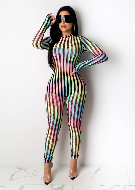 Striped Pants South Africa Rainbow Mesh Stitching Stretch Jumpsuit Leggings