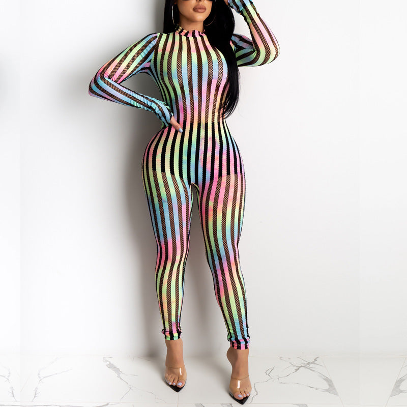 Striped Pants South Africa Rainbow Mesh Stitching Stretch Jumpsuit Leggings