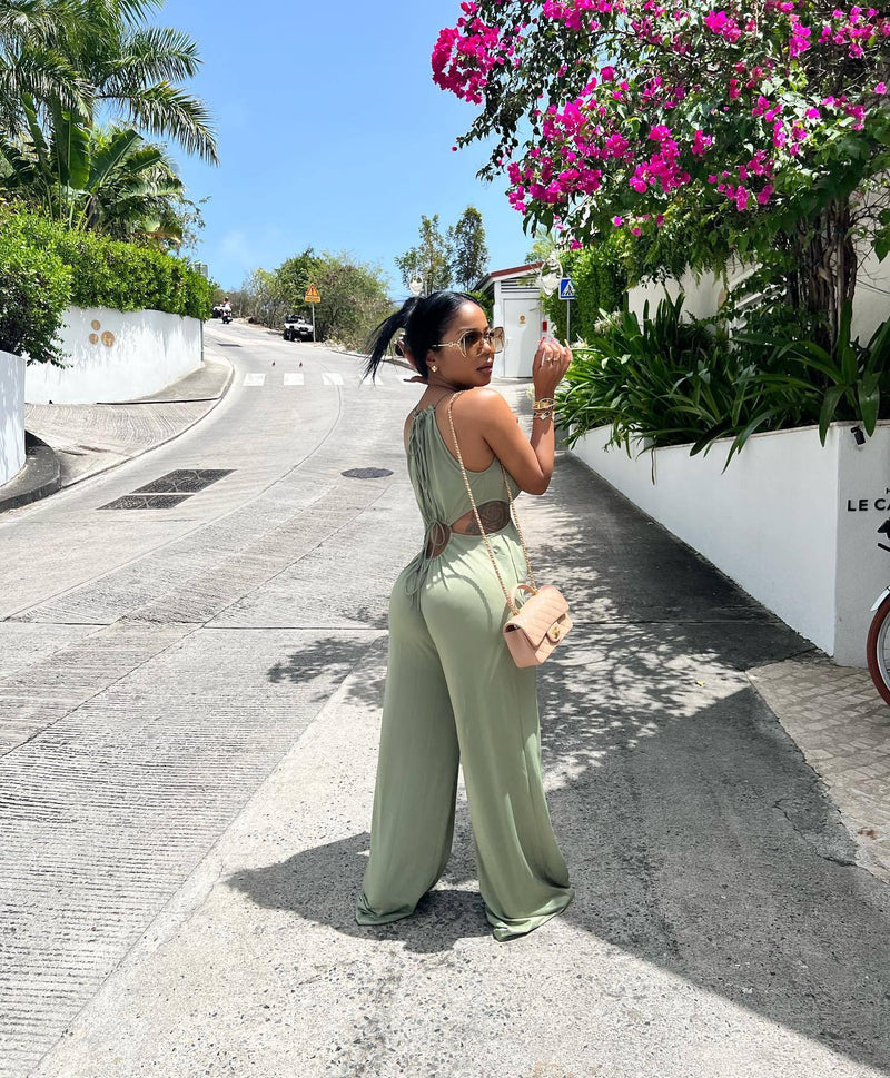Irregular Asymmetric Lace Up Wrapped Chest Loose Wide Leg Jumpsuit