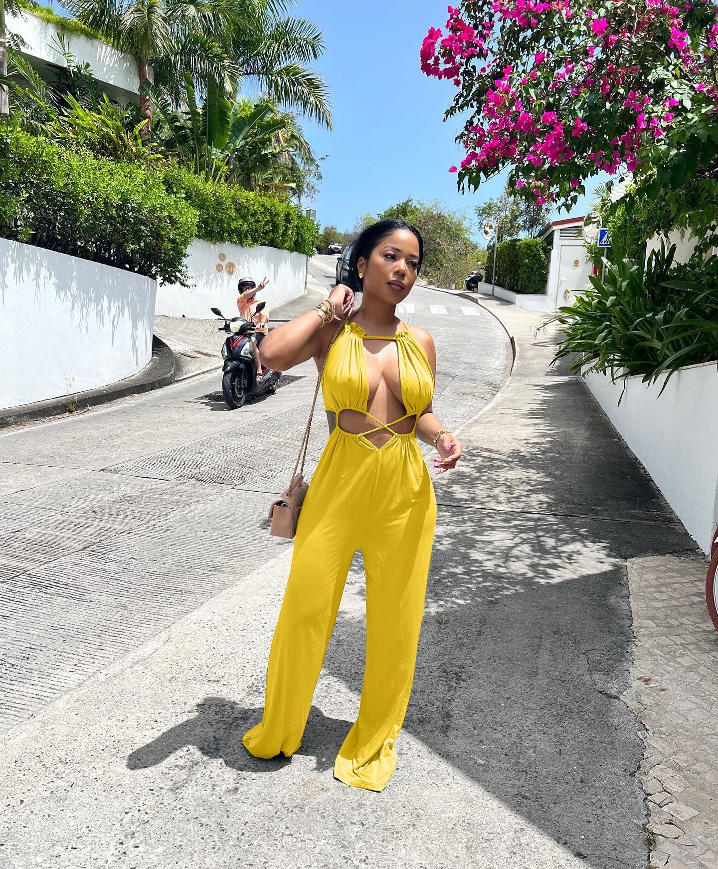 Irregular Asymmetric Lace Up Wrapped Chest Loose Wide Leg Jumpsuit