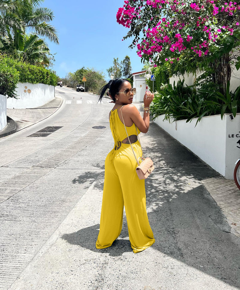 Irregular Asymmetric Lace Up Wrapped Chest Loose Wide Leg Jumpsuit