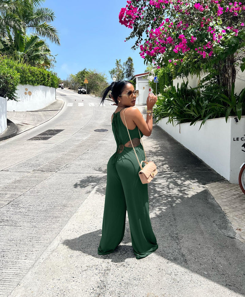 Irregular Asymmetric Lace Up Wrapped Chest Loose Wide Leg Jumpsuit
