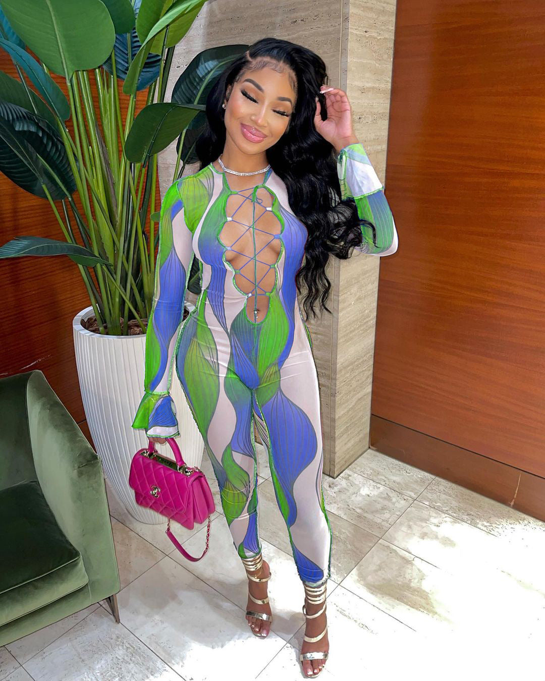 Slim Hollow Out Cutout Printed Lace Up Ruffle Sleeve Jumpsuit Crisscross