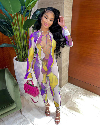 Slim Hollow Out Cutout Printed Lace Up Ruffle Sleeve Jumpsuit Crisscross