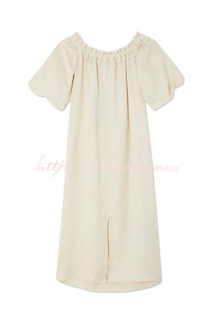Sunveil Linen Blend Unique Print Puff Sleeve Pocket Strapless Maxi Dress