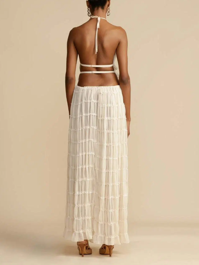 Versatility and Charm Pleated Drawstring Waist Tiered Maxi Skirt