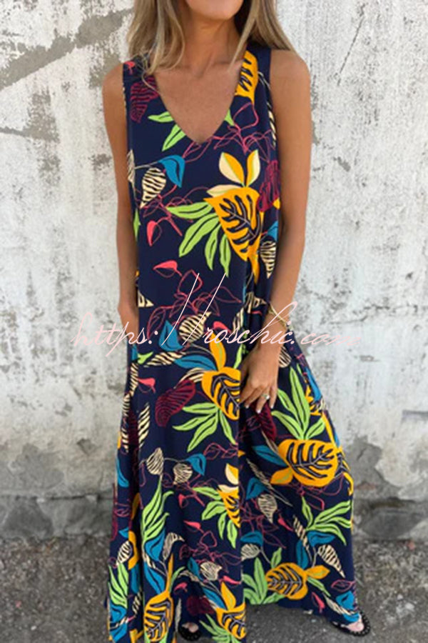 Botanical Print V-neck Pocket Loose Maxi Dress