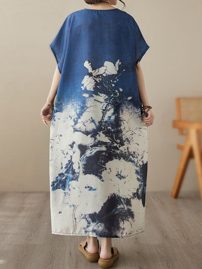 Loose Short Sleeves Printed Round-neck Maxi Dresses