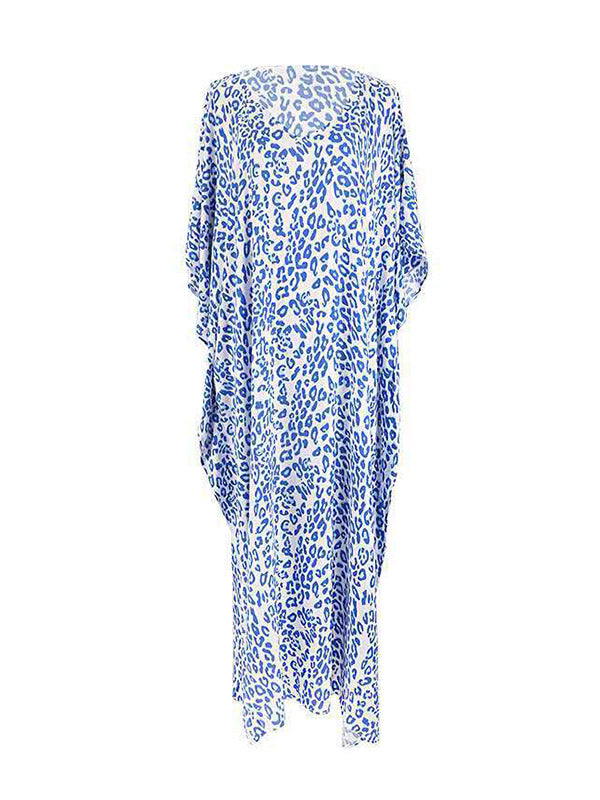 Batwing Sleeves Loose Leopard Split-side Sun Protection V-neck Cover-ups Swimwear Maxi Dresses