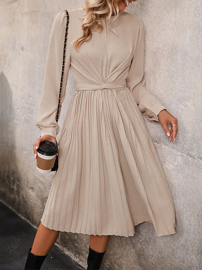 Long Sleeves Loose Pleated Color Split-joint Tied Waist Round-neck Midi Dresses