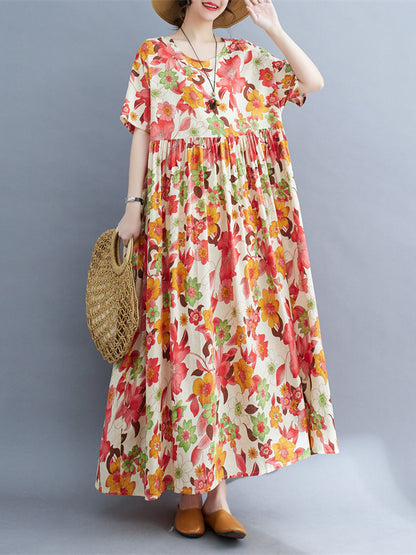 Loose Short Sleeves Pleated Printed Split-joint Round-neck Midi Dresses
