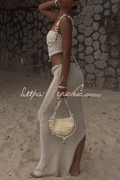 Kala Crochet Knit Braid Waist Slit Stretch Maxi Skirt