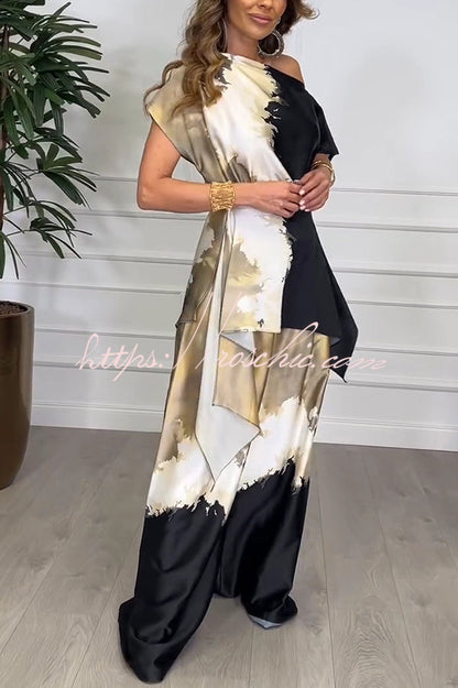 Bellen Satin Unique Print Wide Sleeve Irregular Top and Elastic Waist Wide Leg Pants Set