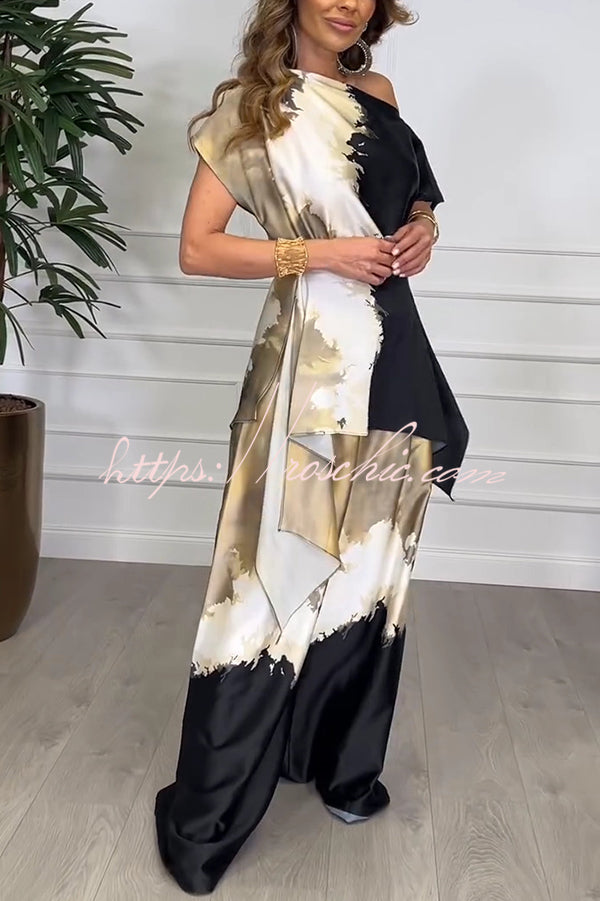 Bellen Satin Unique Print Wide Sleeve Irregular Top and Elastic Waist Wide Leg Pants Set