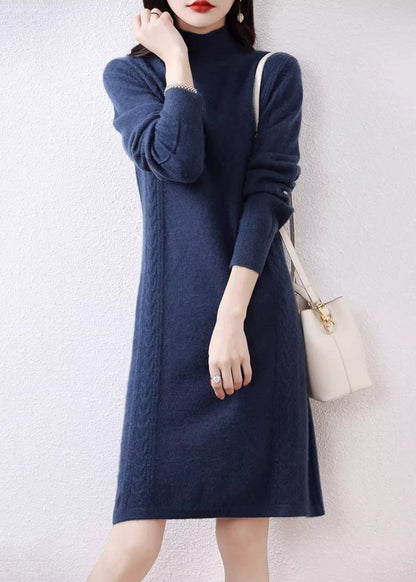 Navy Turtleneck Wool Knit Sweater Dress Fall Qx022