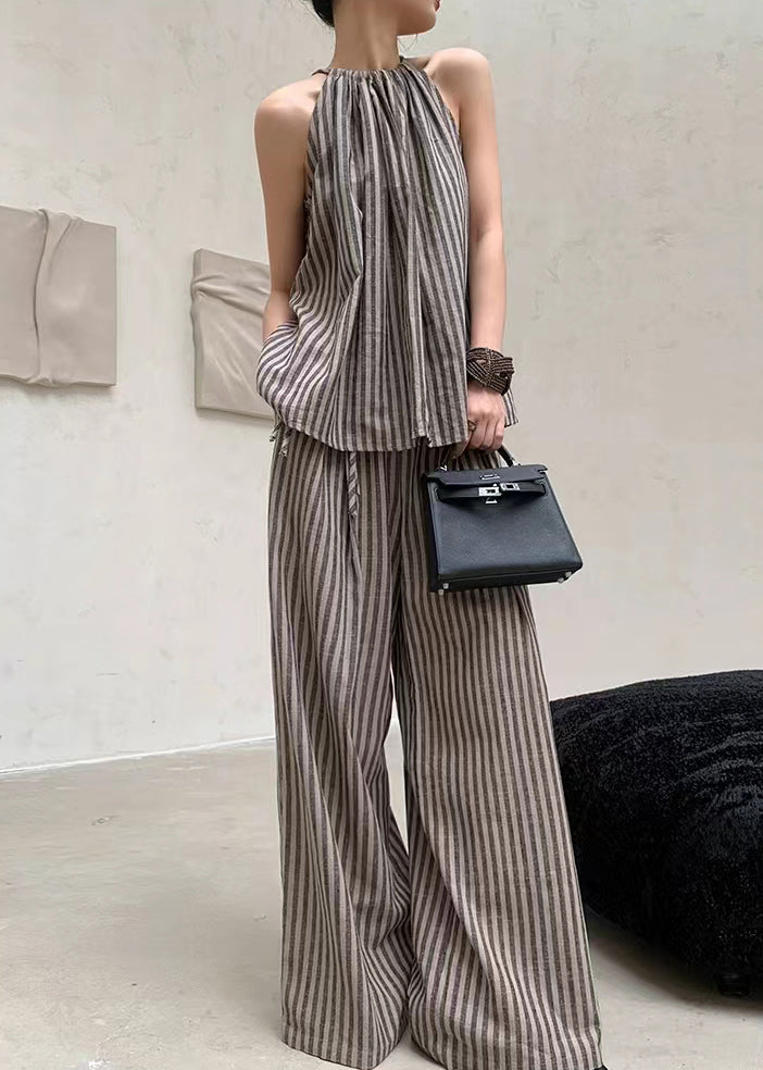 French Coffee Striped Top Wide Leg Pants Two Piece Set Summer Ee055