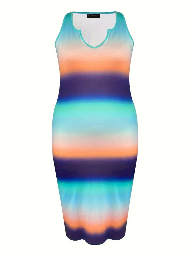 4xl 5xl Striped Gradient Bodycon Cami Dress Notch Neck Sleeveless Printing Midi Dress for