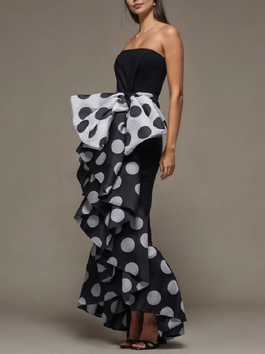 Skinny Sleeveless Bow-embellished Pleated Polka-dot Split-joint Tube Maxi Dresses
