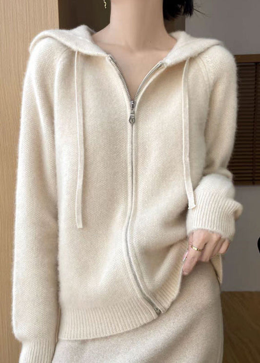 Beige Hooded Zippered Cotton Knit Coat Fall Qx027