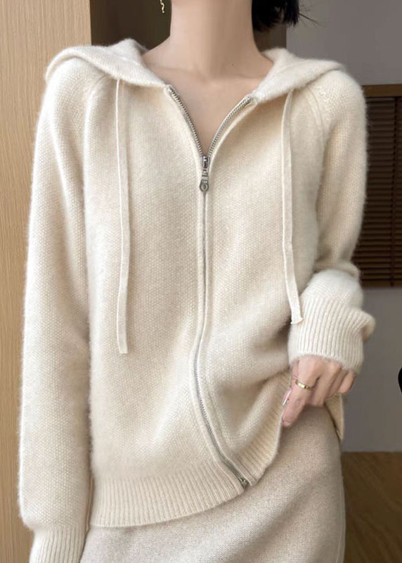 Beige Hooded Zippered Cotton Knit Coat Fall Qx027
