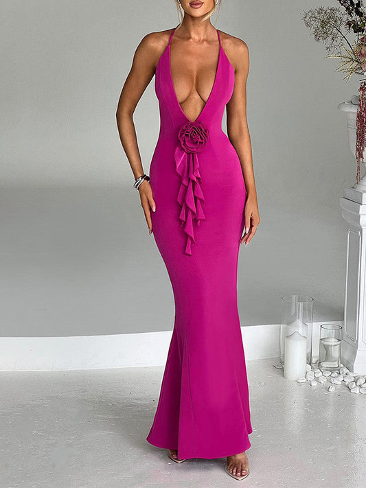 Plunge Backless Halter Slim Evenning Maxi Dress