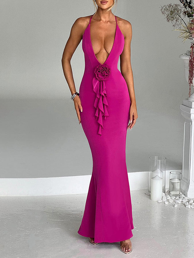 Plunge Backless Halter Slim Evenning Maxi Dress