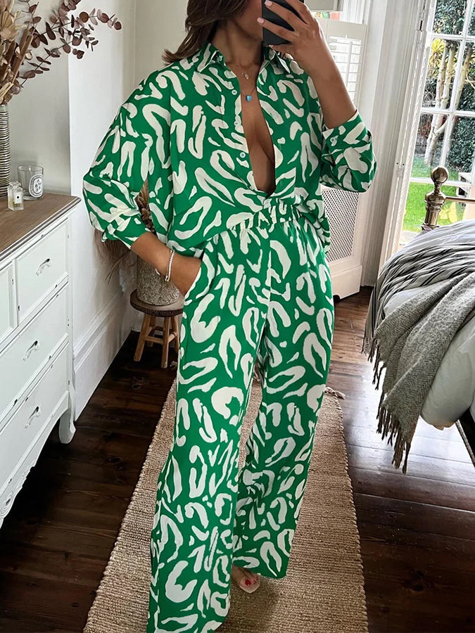 Green Long Sleeves Printed Shirt and Pants Sets