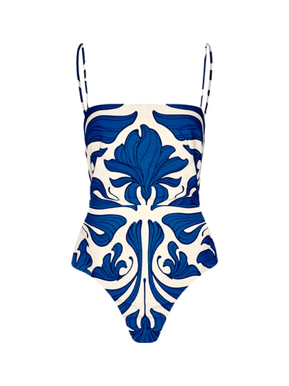 Retro Print One-piece Swimsuit and Skirt