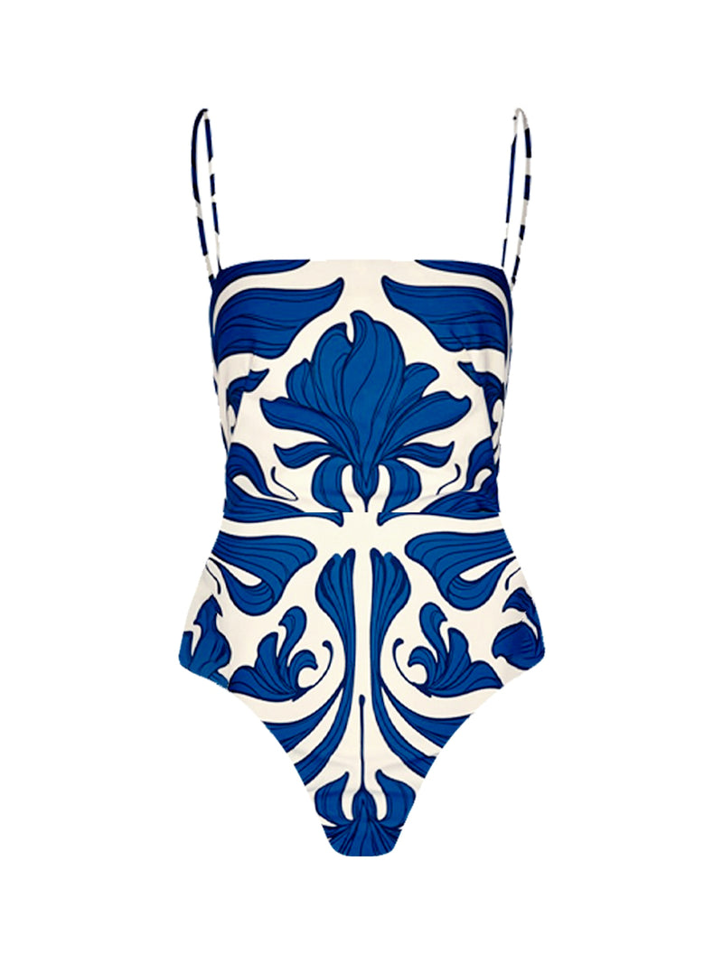 Retro Print One-piece Swimsuit and Skirt