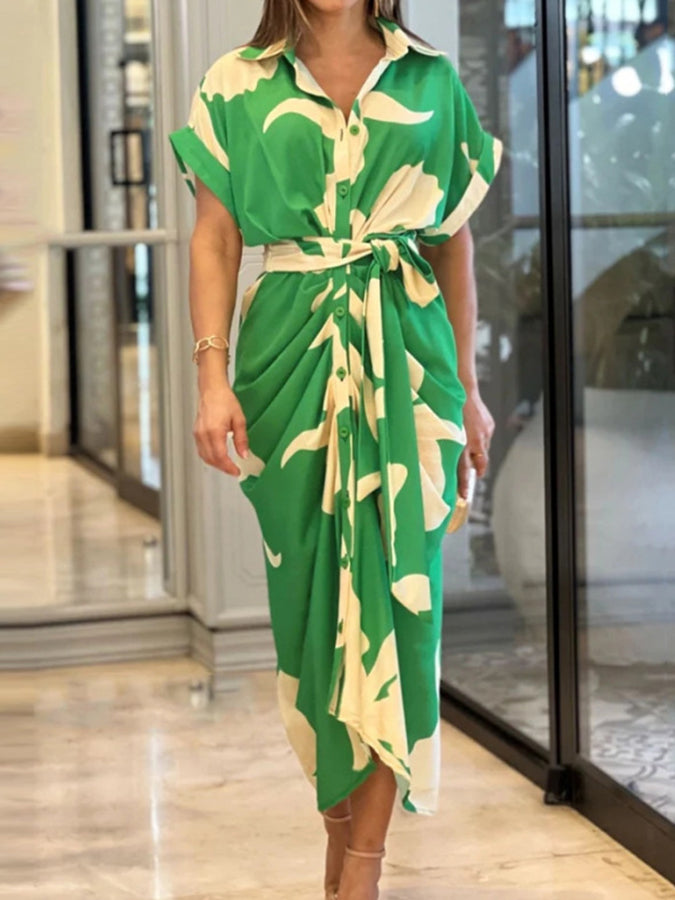 Printed Short Sleeves High Waist Shirt Maxi Dress