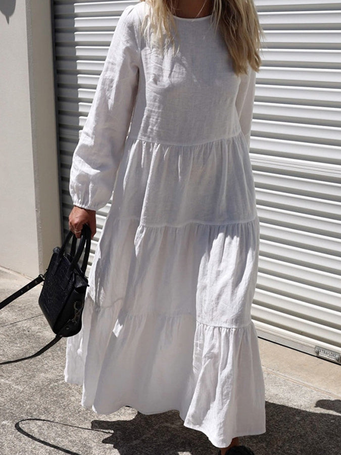 White Long Sleeves Round Neck Maxi Dress