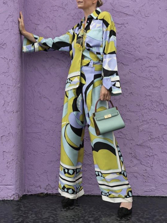 Long Sleeves Geometric Printed Blouses and Pants Sets