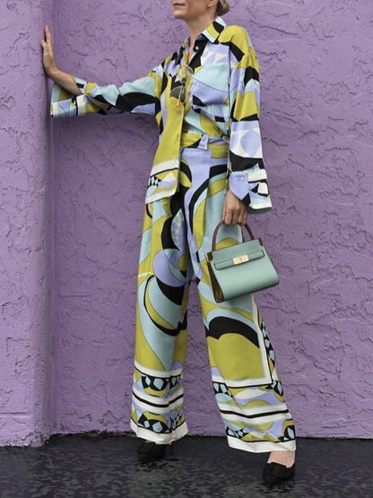 Long Sleeves Geometric Printed Blouses and Pants Sets
