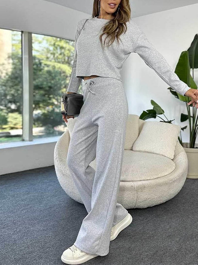 Round Neck Knitted Long Sleeved Top With Elastic Waist Pants Set