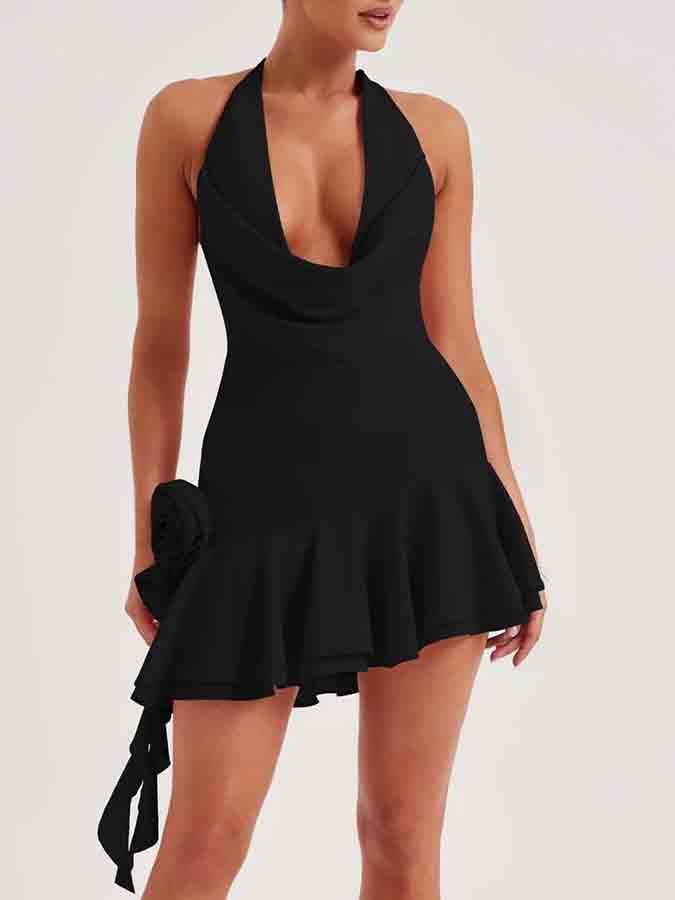 Halter 3d Flower Tassel Ruffle Mini Dress