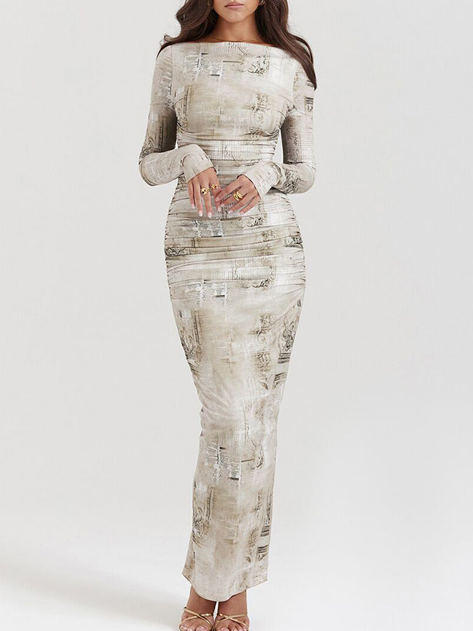 Long Sleeves Round Neck Printed Slim Maxi Dress