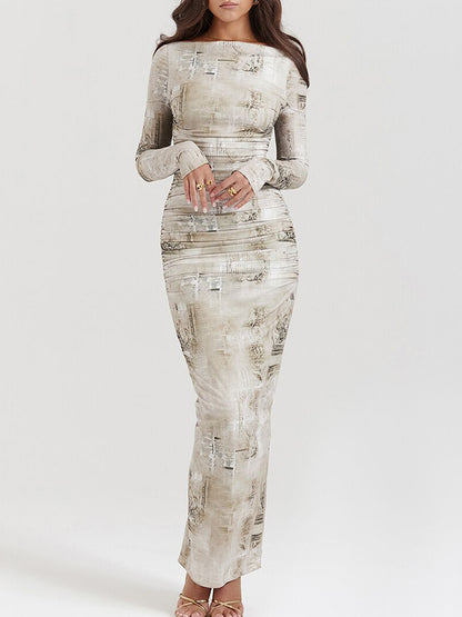 Long Sleeves Round Neck Printed Slim Maxi Dress