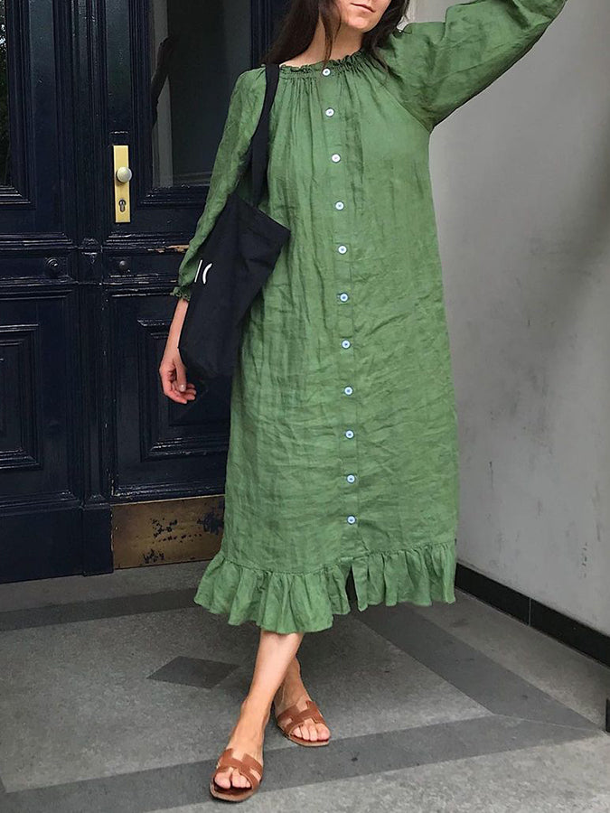Long Sleeves Buttoned Cotton-linen Maxi Dress