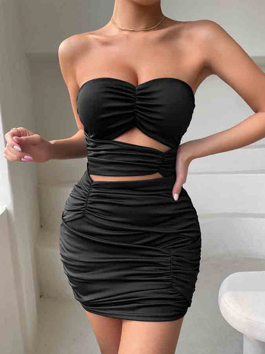 Black Off Shoulder Pleated Cut-out Mini Dress