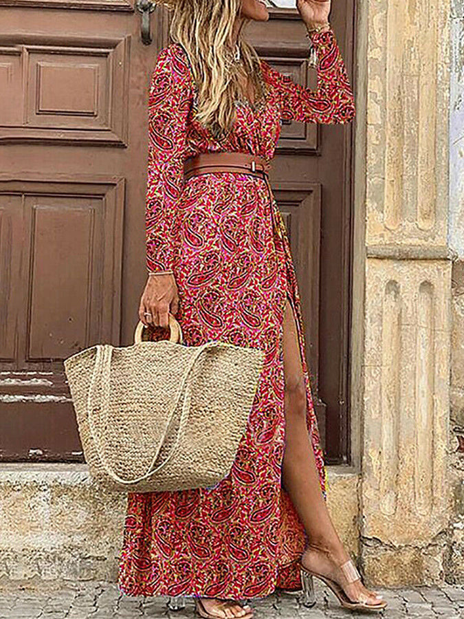 Long Sleeves Printed V Neck Maxi Dress With Belt