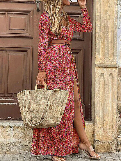 Long Sleeves Printed V Neck Maxi Dress With Belt