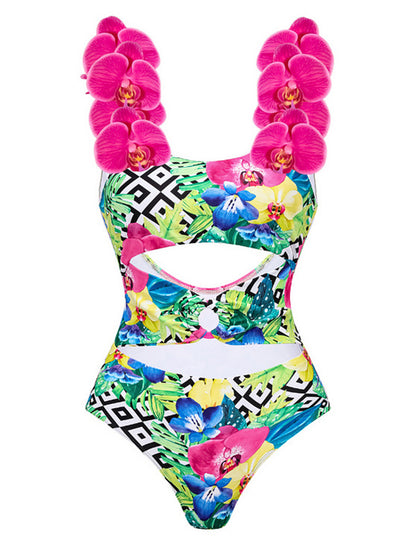 3d Orchid One Piece Swimsuit With Neck Scarf and Skirt