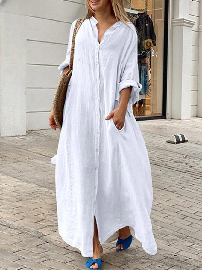 Long Sleeves Shirt Collar Buttoned Maxi Dress