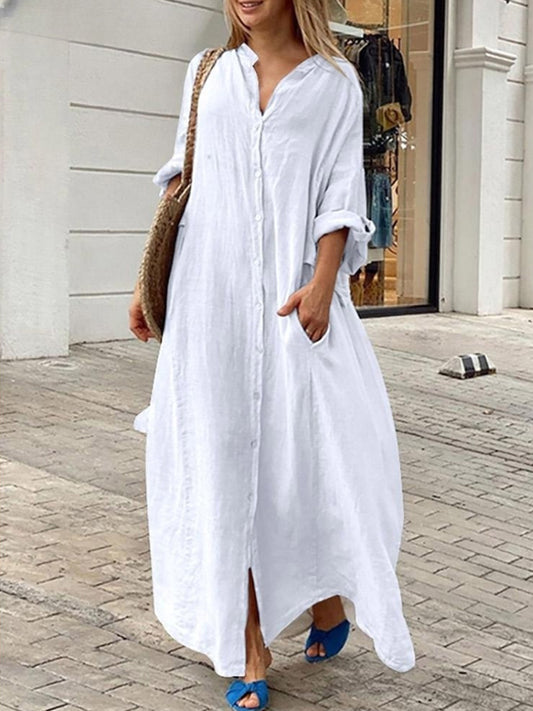Long Sleeves Shirt Collar Buttoned Maxi Dress