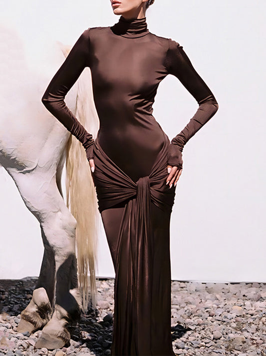 Long Sleeves Lace-up Slim Maxi Dress