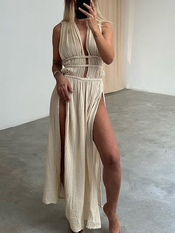 Linen-blend Slit V Neck Maxi Dress