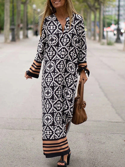 Long Sleeves Geometric Printed Maxi Dress