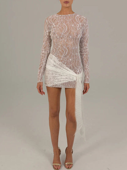 Lace Long Sleeves Lace-up Slim Mini Dress