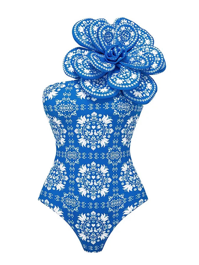 3d Flower One Shoulder Printed One Piece Swimsuit and Skirt